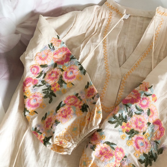 Bohemian blouse floral embroidery top linen cotton tassel cream lantern sleeve - Picture 1 of 7